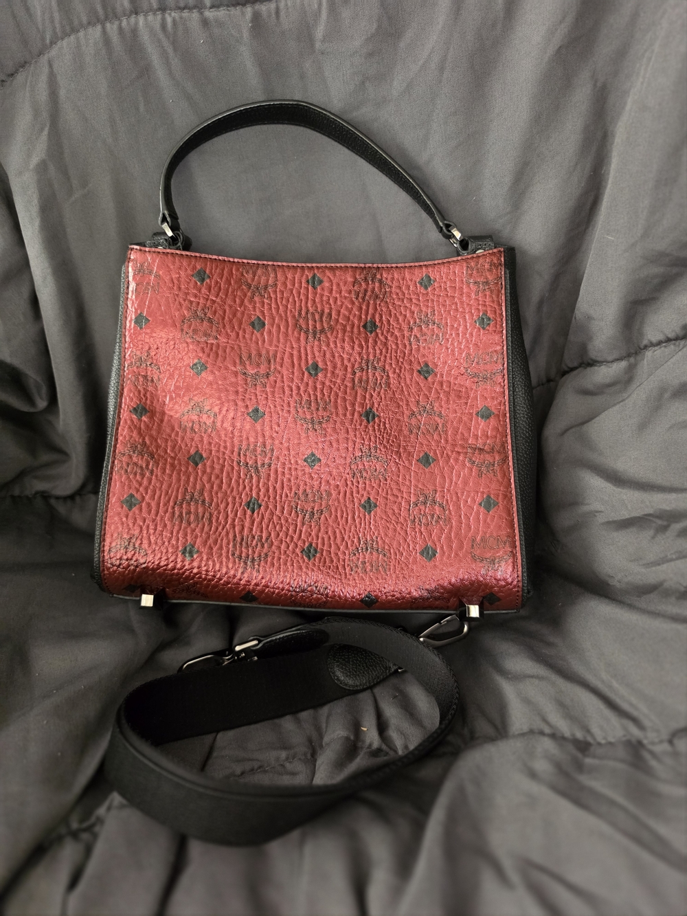 AUTHENTIC MCM Red Metallic Patterned Top-Handle Women’s Bag with Shoulder Strap